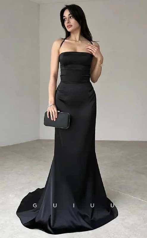G4045 - Mermaid Halter Sleeveless Black Stain Pleats Open Back Prom Party Dress with Train Square Neckline Feminine G4045 - Mermaid Halter Sleeveless Black Stain Pleats Open Back Prom Party Dress with Train Square Neckline Feminine