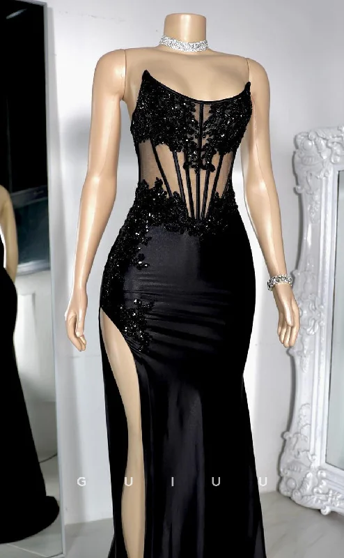 G4124 -Column Boat Neck Sleeveless Appliques Illsion Back Zipper Black Prom Party Dress with Train and Slit Tunics Brand named G4124 -Column Boat Neck Sleeveless Appliques Illsion Back Zipper Black Prom Party Dress with Train and Slit Tunics Brand named