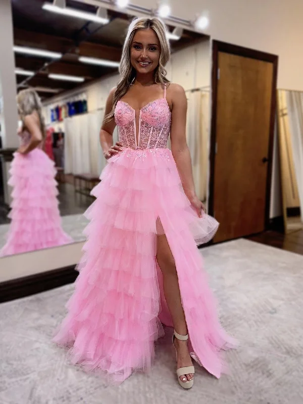 G4382 - A Line Illusion V Neck Appliques Tulle Tiered Pink Long Prom Party Dress with Slit Tunics Solid Classic G4382 - A Line Illusion V Neck Appliques Tulle Tiered Pink Long Prom Party Dress with Slit Tunics Solid Classic