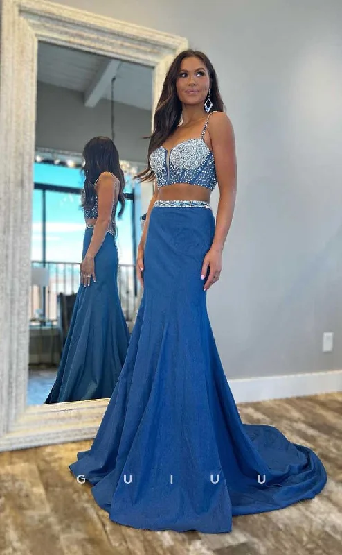 G4395 - Chic & Modern Two Piece V Neck Straps Lace Up Sweep Form Party Dress with Crystal Pencil Length Work G4395 - Chic & Modern Two Piece V Neck Straps Lace Up Sweep Form Party Dress with Crystal Pencil Length Work