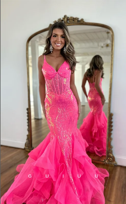G4405 - Chic & Sexy Mermaid V Neck Straps Sequins Open Back Long Sweep Prom Party Dress Chiffon Maxi Beach G4405 - Chic & Sexy Mermaid V Neck Straps Sequins Open Back Long Sweep Prom Party Dress Chiffon Maxi Beach