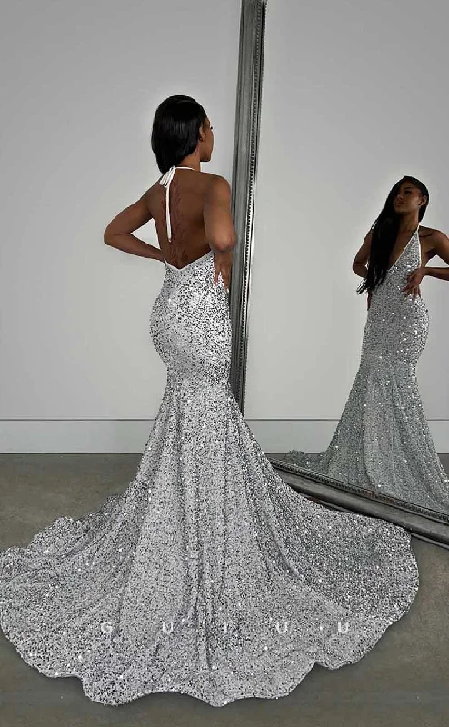 G4424 - Classic & Modern Mermaid Halter Beaded Open Back Prom Party Dress with Train for Black Girl Slay Tunics Top rated G4424 - Classic & Modern Mermaid Halter Beaded Open Back Prom Party Dress with Train for Black Girl Slay Tunics Top rated