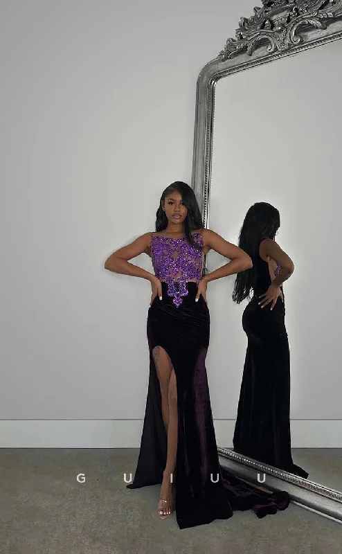 G4426 - Classic Column Sleeveless Velvet Appliques Prom Evening Dress with Slit ang Train for Black Girl Slay Tunics Vintage classic G4426 - Classic Column Sleeveless Velvet Appliques Prom Evening Dress with Slit ang Train for Black Girl Slay Tunics Vintage classic