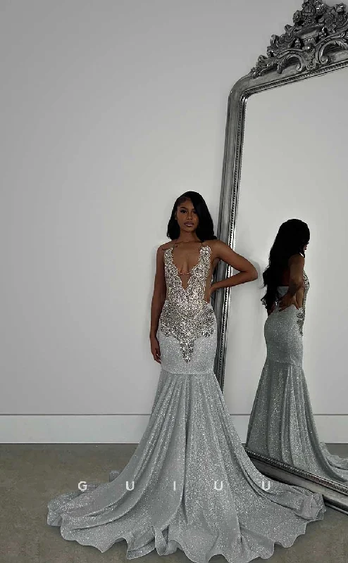 G4429 - Glamorous Mermaid Deep V Neck Sleeveless Allover Crystal Open Back Prom Party Dress with Train for Black Girl Slay Tunics Business professional G4429 - Glamorous Mermaid Deep V Neck Sleeveless Allover Crystal Open Back Prom Party Dress with Train for Black Girl Slay Tunics Business professional