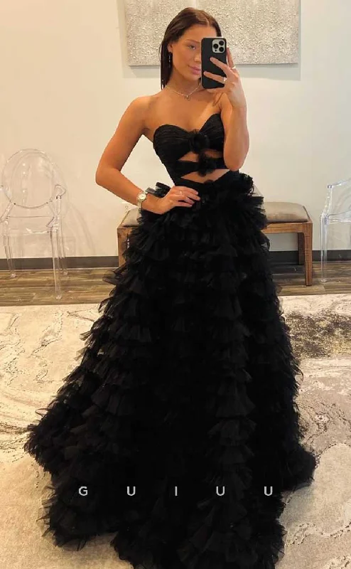 G4430 - Chic & Modern Black A-Line Strapless Sleeveless Tulle Tiered Illusion Open Back Long Sweep Prom Party Dress With Slit Tunics Running lightweight G4430 - Chic & Modern Black A-Line Strapless Sleeveless Tulle Tiered Illusion Open Back Long Sweep Prom Party Dress With Slit Tunics Running lightweight
