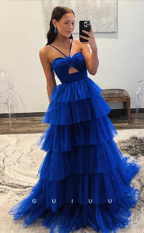 G4432 - Classic & Timeless Blue A-Line Strapless Halter Tulle Tiered Open Back Long Sweep Prom Party Dress Tunics Velvet soft G4432 - Classic & Timeless Blue A-Line Strapless Halter Tulle Tiered Open Back Long Sweep Prom Party Dress Tunics Velvet soft