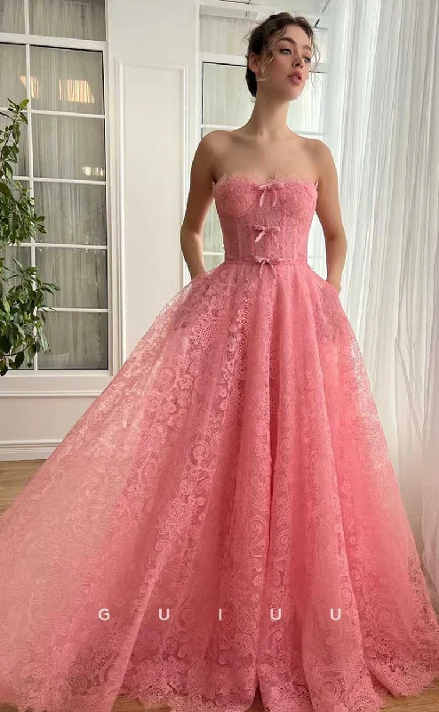G4437 - Cute Pink A-Line Strapless Pleats Lace Long Prom Party Dress with Bowknot Tunics Floral girly G4437 - Cute Pink A-Line Strapless Pleats Lace Long Prom Party Dress with Bowknot Tunics Floral girly