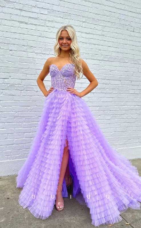 G4449 - Chic & Modern A-Line Tulle Tiered Strapless Pleats Appliques Long Sweep Prom Evening Dress with Slit Pencil Length Work G4449 - Chic & Modern A-Line Tulle Tiered Strapless Pleats Appliques Long Sweep Prom Evening Dress with Slit Pencil Length Work