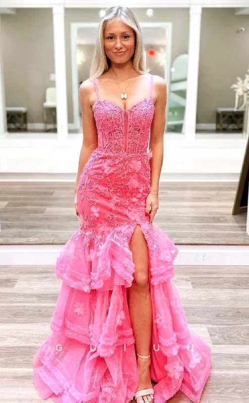 G4462 - Sexy & Cute Mermaid Column Strapless Sleeveless Eyelets Tulle Tiered Floor-Length Prom Party Dress with Slit Tunics Practical easy-care G4462 - Sexy & Cute Mermaid Column Strapless Sleeveless Eyelets Tulle Tiered Floor-Length Prom Party Dress with Slit Tunics Practical easy-care