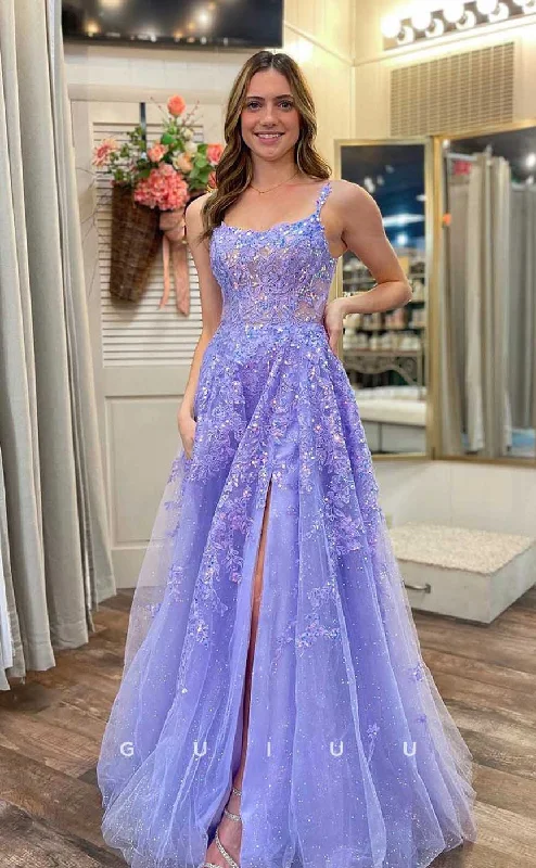 G4484 - Cute & Chic A-Line Purple Tulle Sleeveless Straps Appliques Zipper-Up Shiny Prom Evening Dress with Slit Tunics Chic fashionable G4484 - Cute & Chic A-Line Purple Tulle Sleeveless Straps Appliques Zipper-Up Shiny Prom Evening Dress with Slit Tunics Chic fashionable