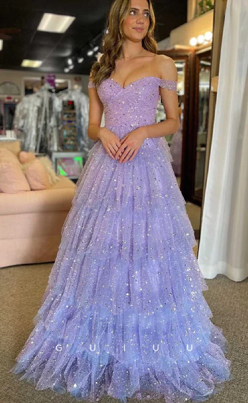 G4487 - Simple & Casual A-Line Off-Shoulder Sleeveless Purple Tulle Tiered Floor-Length Prom Party Dress with Allover Sequins Tunics Versatile stylish G4487 - Simple & Casual A-Line Off-Shoulder Sleeveless Purple Tulle Tiered Floor-Length Prom Party Dress with Allover Sequins Tunics Versatile stylish