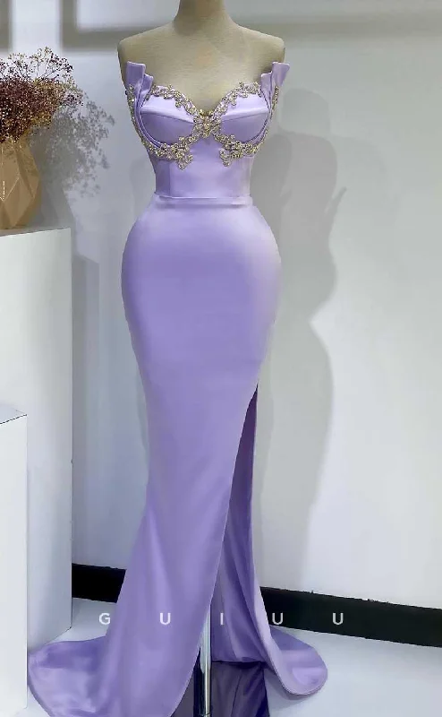 G4544 - Chic & Modern Mermaid Strapless Purple Stain Pleats Crystal Prom Party Dress with Slit and Train Tunics Brand named G4544 - Chic & Modern Mermaid Strapless Purple Stain Pleats Crystal Prom Party Dress with Slit and Train Tunics Brand named