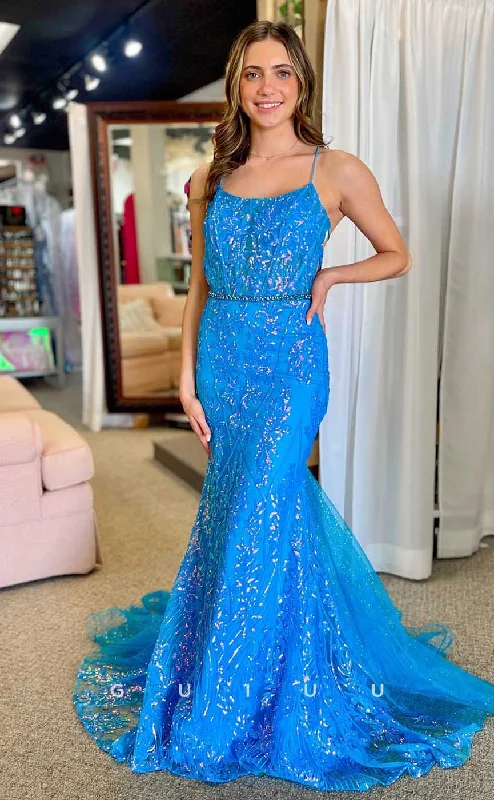G4549 - Chic & Modern Mermaid Square Straps Sequined Appliques Tulle Prom Party Dress with Train Tunics Ceremony elegant G4549 - Chic & Modern Mermaid Square Straps Sequined Appliques Tulle Prom Party Dress with Train Tunics Ceremony elegant