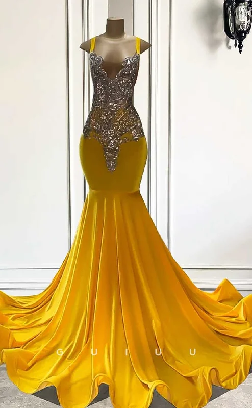 G4589 - Chic & Modern Straps Sleeveless Crystal Yellow Velvet Court Train Prom Party Dresss Tunics Travel practical G4589 - Chic & Modern Straps Sleeveless Crystal Yellow Velvet Court Train Prom Party Dresss Tunics Travel practical