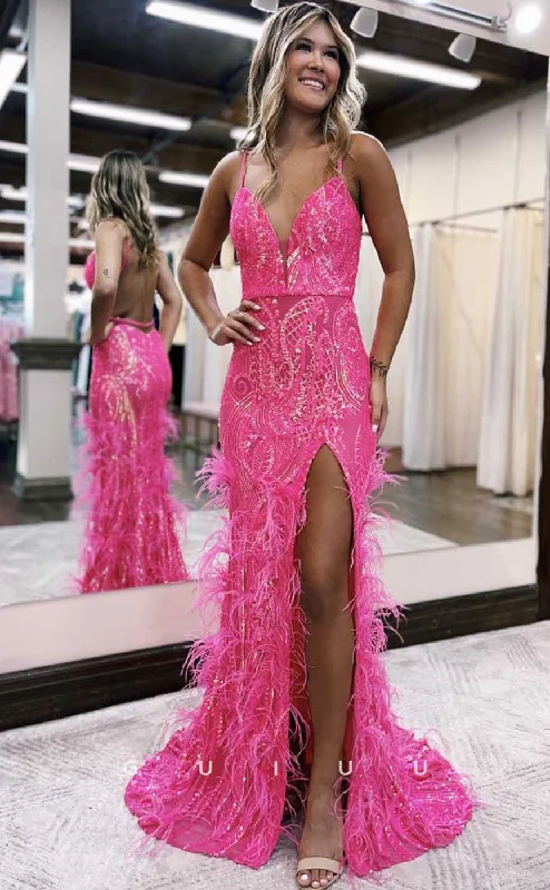 G4623 - Sexy & Hot V Neck Straps Sleeveless High Side Slit Prom Party Dress with Feather for Black Girl Slay Tunics Canvas sturdy G4623 - Sexy & Hot V Neck Straps Sleeveless High Side Slit Prom Party Dress with Feather for Black Girl Slay Tunics Canvas sturdy