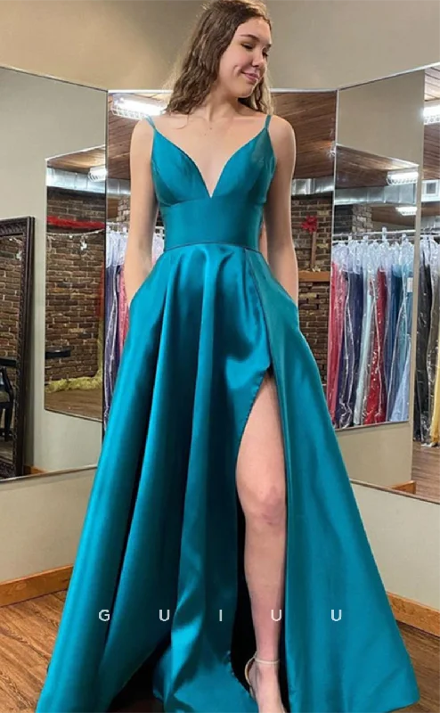 G4636 - A-Line V Neck Straps Sleeveless Stain High Side Slit Criss-Cross Straps Prom Party Dress Tunics Lace romantic G4636 - A-Line V Neck Straps Sleeveless Stain High Side Slit Criss-Cross Straps Prom Party Dress Tunics Lace romantic