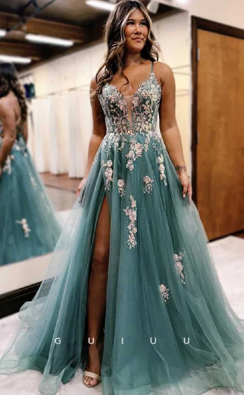 G4662 - Chic & Modern A-Line Strapless Straps Sleeveless Appliques Criss-Cross Straps Tulle Prom Evening Dress with Slit Tunics Chic elegant G4662 - Chic & Modern A-Line Strapless Straps Sleeveless Appliques Criss-Cross Straps Tulle Prom Evening Dress with Slit Tunics Chic elegant