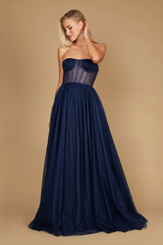 Dylan & Davids Corset Prom Party Dress Formal Ball Gown Navy Boat Neckline Classic