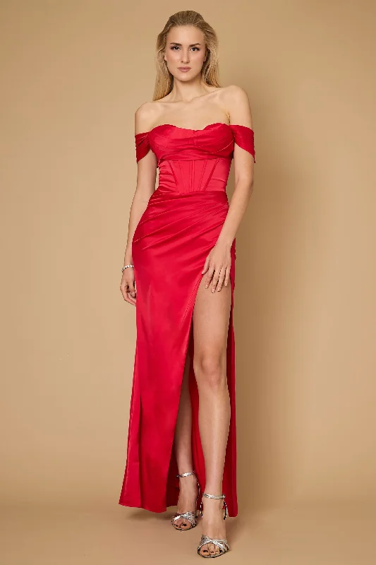 Dylan & Davids Long Formal Corset Satin Evening Dress Red Pleated Skirt Elegant