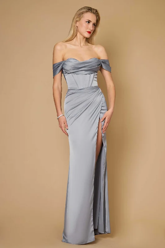 Dylan & Davids Long Formal Corset Satin Evening Dress Silver Tunics Handmade artisanal