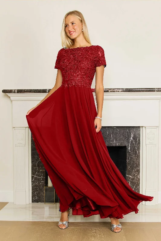 Dylan & Davids Short Sleeve Mother Of The Bride Evening Dress Burgundy sweetheart Neckline Romantic