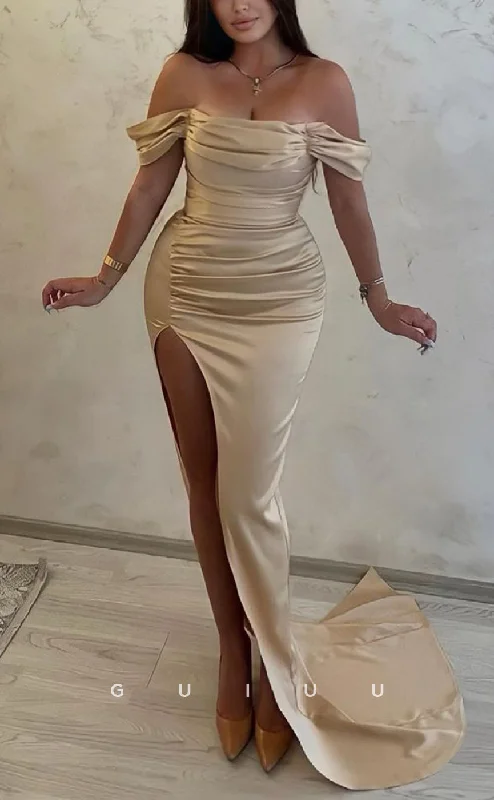 G2536 - Chic & Modern Off-Shoulder Satin Ruched Long Prom Evening Dress Tunics Corduroy durable G2536 - Chic & Modern Off-Shoulder Satin Ruched Long Prom Evening Dress Tunics Corduroy durable