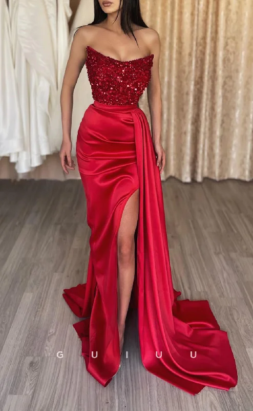 G2554 - Classic & Fitted Red Sequins Ruched Long Prom Evening Dresses With Train Cowl Neckline Elegant G2554 - Classic & Fitted Red Sequins Ruched Long Prom Evening Dresses With Train Cowl Neckline Elegant