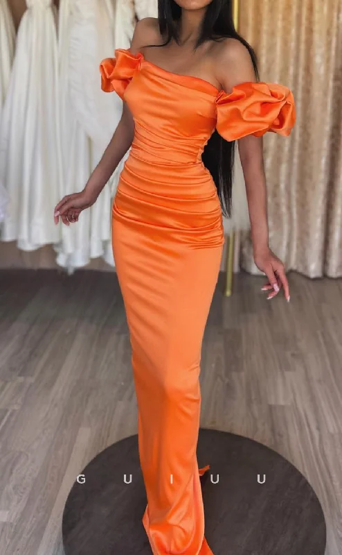 G2555 - Chic & Modern Off-Shoulder Ruched Orange Long Prom Evening Party Dresses Square Neckline Feminine G2555 - Chic & Modern Off-Shoulder Ruched Orange Long Prom Evening Party Dresses Square Neckline Feminine
