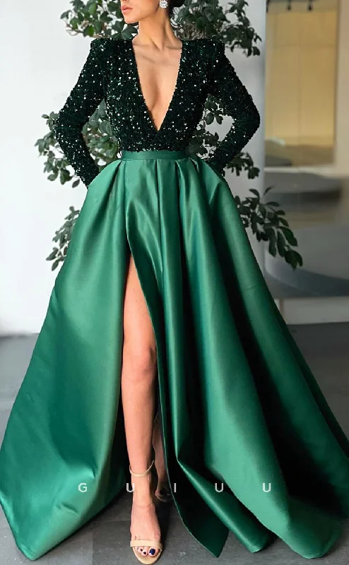 G2576 - Chic & Modern A-Line V-Neck Sequins Satin Formal Prom Evening Dress Tunics Trendy modern G2576 - Chic & Modern A-Line V-Neck Sequins Satin Formal Prom Evening Dress Tunics Trendy modern