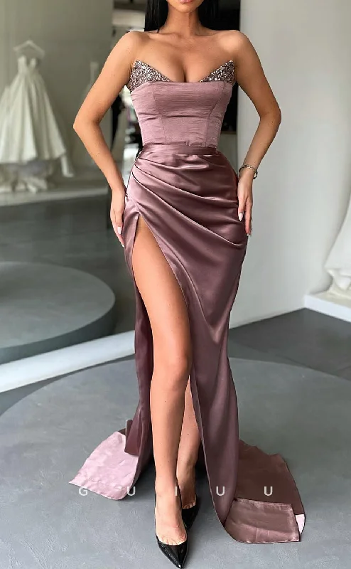 G2581 - Chic & Modern Strapless Sequins Ruched Long Prom Evening Dresses With Slit Tunics Sale discount G2581 - Chic & Modern Strapless Sequins Ruched Long Prom Evening Dresses With Slit Tunics Sale discount