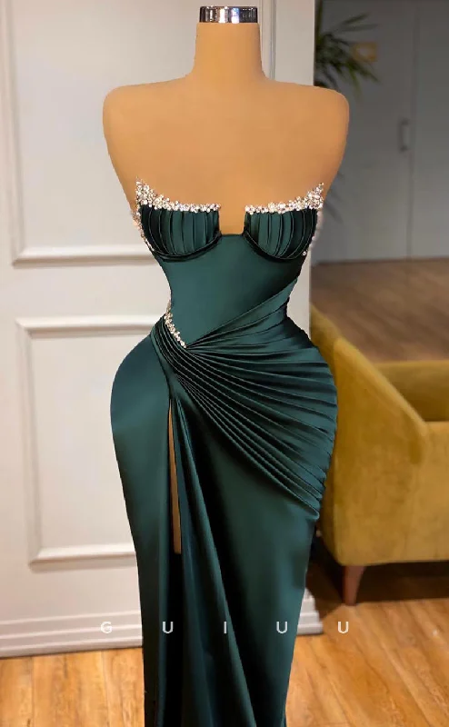 G2604 - Sexy & Fitted Satin Beaded Straps Ruched Long Prom Evening Dresses With Train Tunics Lace romantic G2604 - Sexy & Fitted Satin Beaded Straps Ruched Long Prom Evening Dresses With Train Tunics Lace romantic