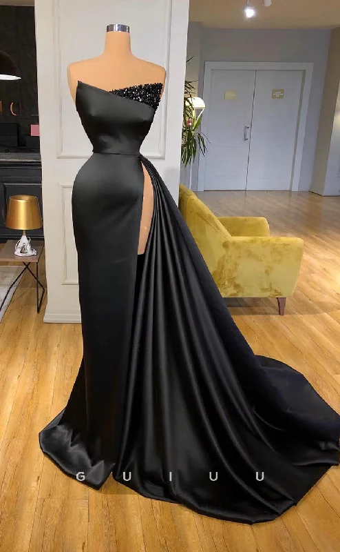G2607 - Chic & Modern Satin Sequins Ruched Black Long Prom Evening Dress With Slit Tunics Print Colorful G2607 - Chic & Modern Satin Sequins Ruched Black Long Prom Evening Dress With Slit Tunics Print Colorful