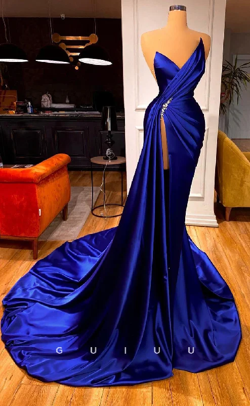 G2612 - Chic & Modern Satin Asymmetrical Strapless Ruched Prom Evening Party Dress With Train Boat Neckline Classic G2612 - Chic & Modern Satin Asymmetrical Strapless Ruched Prom Evening Party Dress With Train Boat Neckline Classic