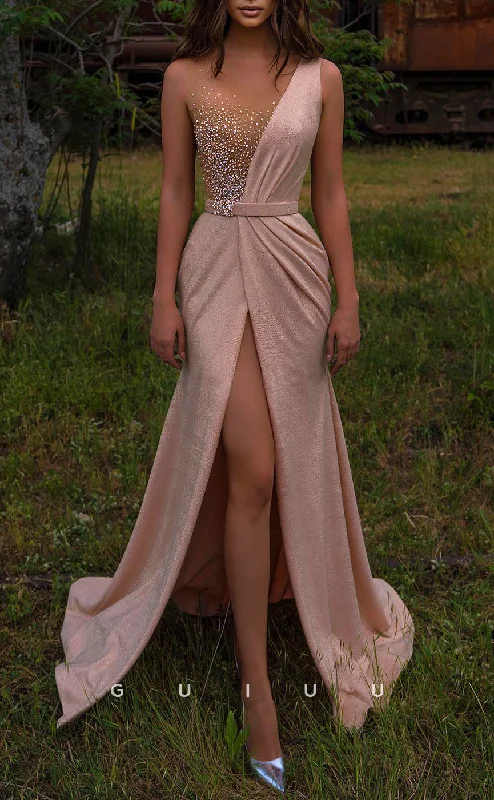 G2614 - Chic & Modern Beaded Illusion Ruched Long Prom Evening Party Dress With Slit Tunics Fashionable trendy G2614 - Chic & Modern Beaded Illusion Ruched Long Prom Evening Party Dress With Slit Tunics Fashionable trendy