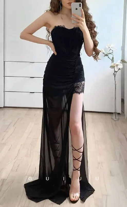 G2621 - Sexy & Fitted Strapless Lace Sheer Long Prom Evening Party Dress With Slit Tunics Exclusive limited G2621 - Sexy & Fitted Strapless Lace Sheer Long Prom Evening Party Dress With Slit Tunics Exclusive limited