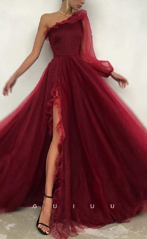 G2625 - Classic A-Line One Shoulder Red Tulle Prom Evening Party Dress With Ruffles Tunics Designer luxury G2625 - Classic A-Line One Shoulder Red Tulle Prom Evening Party Dress With Ruffles Tunics Designer luxury