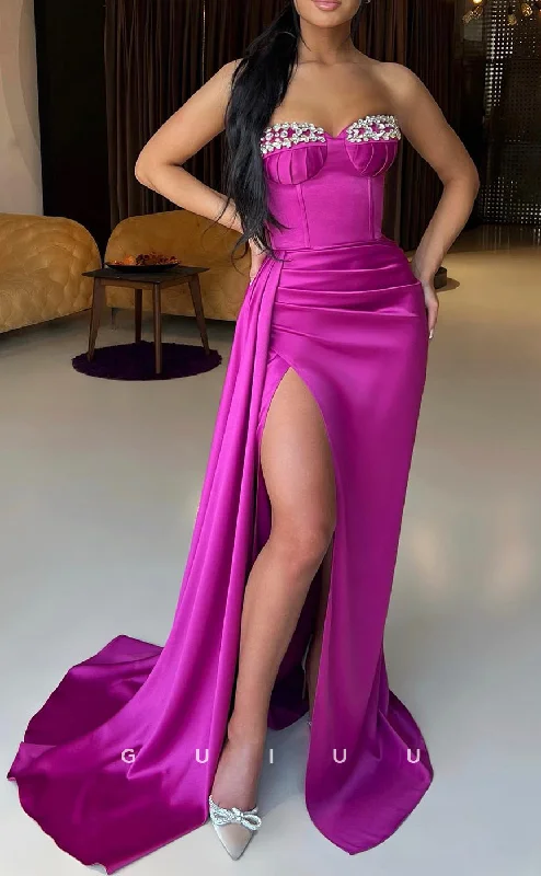 G2643 - Chic & Modern Beaded Sweetheart Satin Prom Evening Party Dress With Slit Tunics Fleece cozy G2643 - Chic & Modern Beaded Sweetheart Satin Prom Evening Party Dress With Slit Tunics Fleece cozy