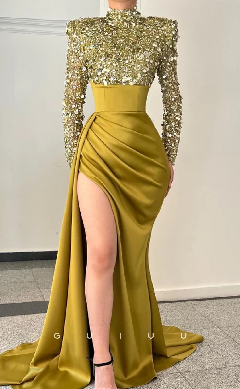 G2653 - Elegant & Luxurious High Neck Sequins Beaded Prom Evening Party Dress With Slit Tunics Long Elegant G2653 - Elegant & Luxurious High Neck Sequins Beaded Prom Evening Party Dress With Slit Tunics Long Elegant