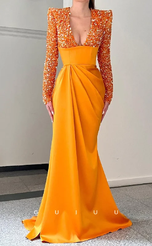 G2654 - Chic & Modern Sequins V-Neck Satin Long Sleeves Prom Evening Party Dress Turtleneck Warm Winter G2654 - Chic & Modern Sequins V-Neck Satin Long Sleeves Prom Evening Party Dress Turtleneck Warm Winter