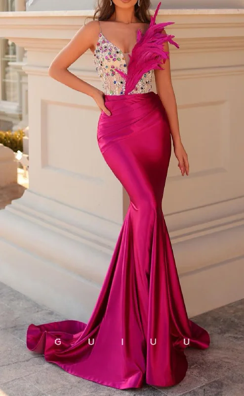 G2661 - Chic & Modern Beaded Straps Sheer Prom Evening Party Dress With Feather Mermaid Tail Wedding G2661 - Chic & Modern Beaded Straps Sheer Prom Evening Party Dress With Feather Mermaid Tail Wedding