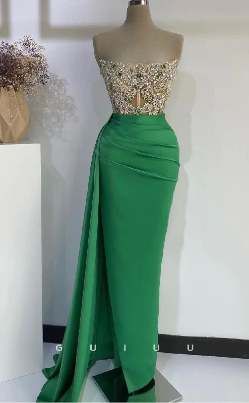 G2719 - Elegant & Luxurious Beaded Strapless Sheer Green Long Porm Evening Dress Tunics Mesh breathable G2719 - Elegant & Luxurious Beaded Strapless Sheer Green Long Porm Evening Dress Tunics Mesh breathable