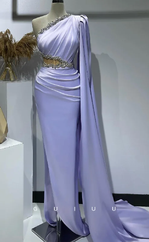G2732 - Classic & Timeless Beaded One Shoulder Ruched Lavender Long Sleeves Porm Evening Dress Boat Neckline Classic G2732 - Classic & Timeless Beaded One Shoulder Ruched Lavender Long Sleeves Porm Evening Dress Boat Neckline Classic