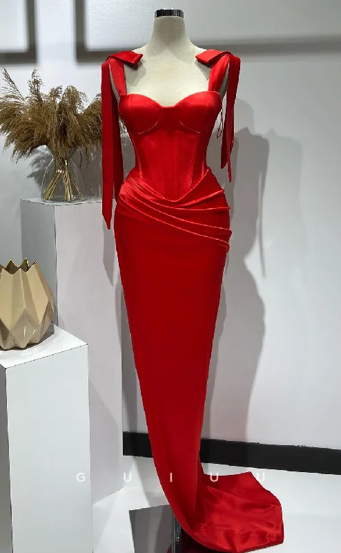 G2733 - Chic & Modern Sweetheart Bow Straps Satin Red Long Porm Evening Dress Boatneck Modish Everyday G2733 - Chic & Modern Sweetheart Bow Straps Satin Red Long Porm Evening Dress Boatneck Modish Everyday
