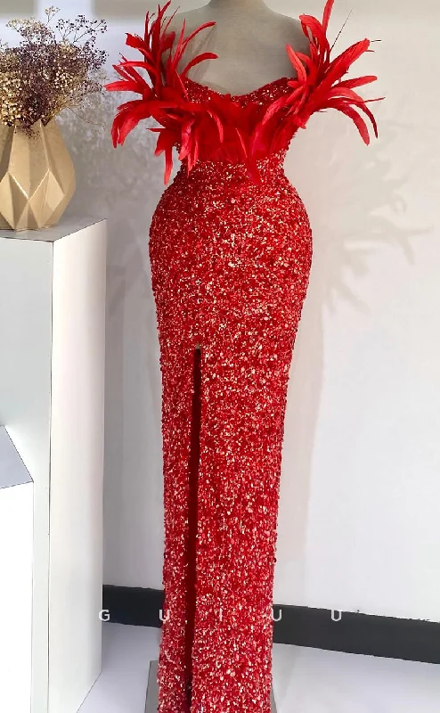 G2734 - Chic & Modern Glitter Sequins Strapless Feather Red Long Porm Evening Dress Off-the-shoulder Chic Trendy G2734 - Chic & Modern Glitter Sequins Strapless Feather Red Long Porm Evening Dress Off-the-shoulder Chic Trendy