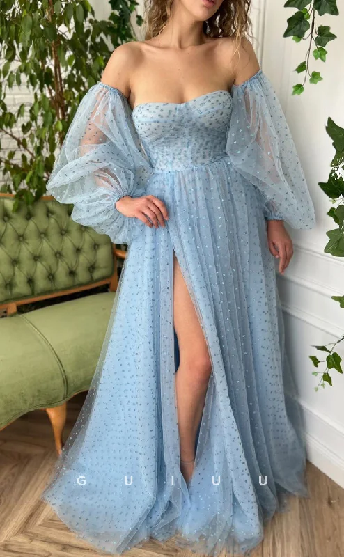 G2736 - Classic & Timeless Tulle Off-Shoulder Sheer Prom Evening Dress With Puff Sleeves Shift Classic Vintage G2736 - Classic & Timeless Tulle Off-Shoulder Sheer Prom Evening Dress With Puff Sleeves Shift Classic Vintage