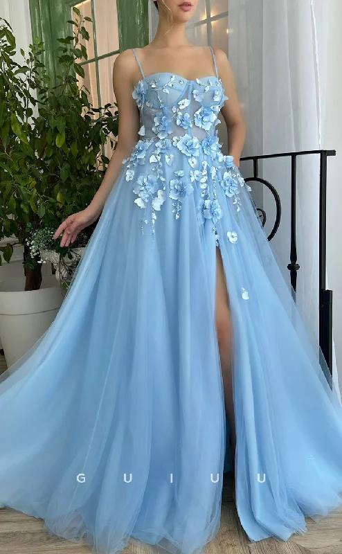 G2738 - Elegant & Simple Sweetheart Spaghetti Straps Floral Embossed Blue Prom Evening Dress Pleated Skirt Elegant G2738 - Elegant & Simple Sweetheart Spaghetti Straps Floral Embossed Blue Prom Evening Dress Pleated Skirt Elegant