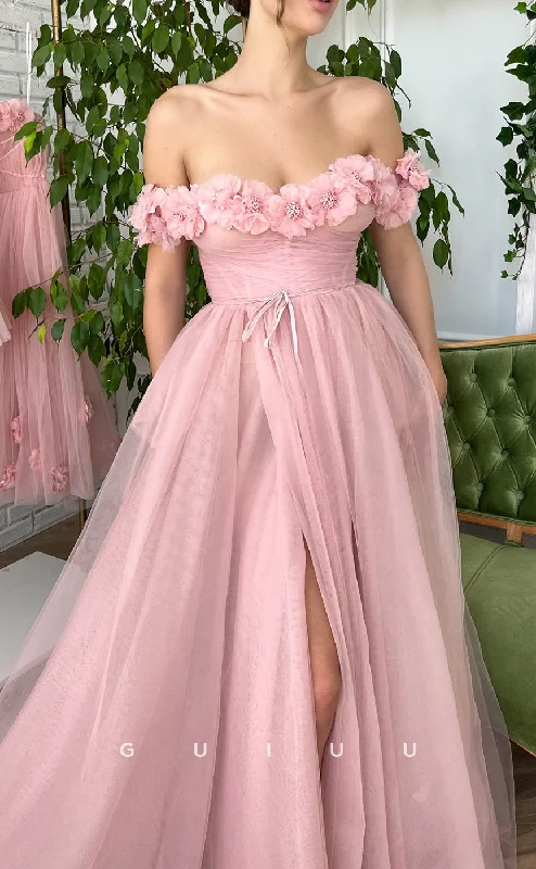 G2739 - Chic & Modern Off-Shoulder Floral Embossed Tulle Pink Prom Evening Dress Mermaid Tail Wedding G2739 - Chic & Modern Off-Shoulder Floral Embossed Tulle Pink Prom Evening Dress Mermaid Tail Wedding