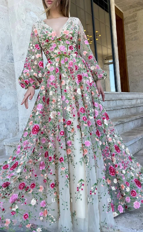 G2740 - Elegant Floral A-Line V-Neck Applique Tulle Long Sleeves Prom Evening Dress Off-the-shoulder Bohemian Festive G2740 - Elegant Floral A-Line V-Neck Applique Tulle Long Sleeves Prom Evening Dress Off-the-shoulder Bohemian Festive