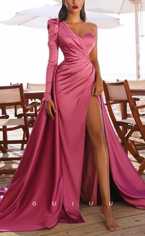 G2748 - Chic & Modern Satin One Shoulder Long Sleeves Prom Evening Dress With Train Tunics Luxurious high-end G2748 - Chic & Modern Satin One Shoulder Long Sleeves Prom Evening Dress With Train Tunics Luxurious high-end