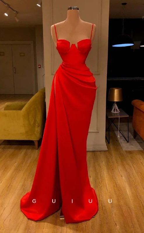 G2750 - Sexy & Fitted Straps Red Satin Ruched Long Prom Evening Dress Tunics Sophisticated sleek G2750 - Sexy & Fitted Straps Red Satin Ruched Long Prom Evening Dress Tunics Sophisticated sleek
